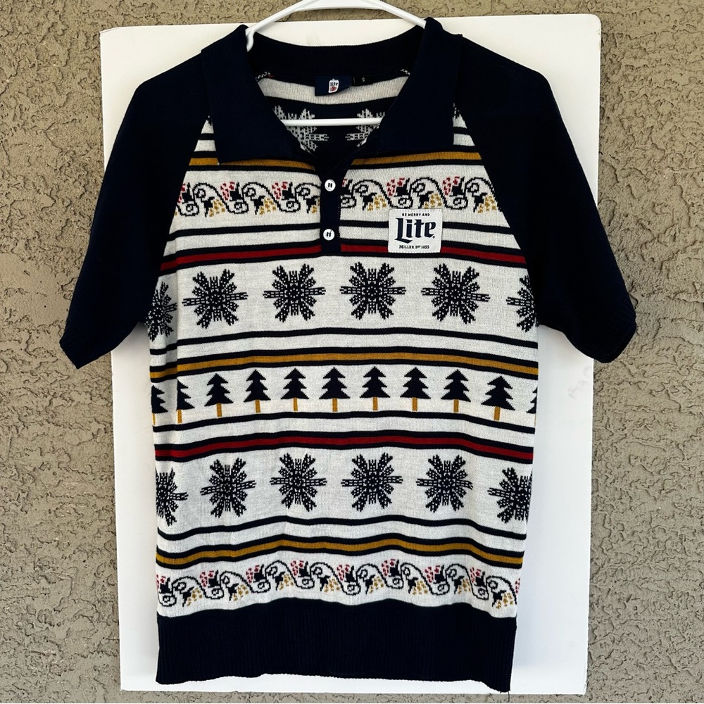 Miller Lite Holiday‎ Knit Polo Shirt Men’s S Short Sleeve Ugly Christmas Style